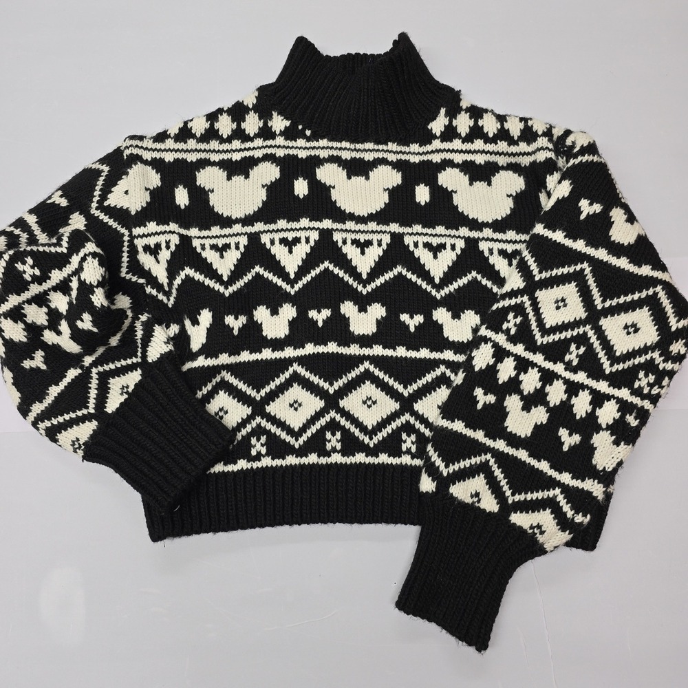 Disney‎ H M Black White Mickey Mouse Fair Isle Mock Neck Sweater Women's Size S